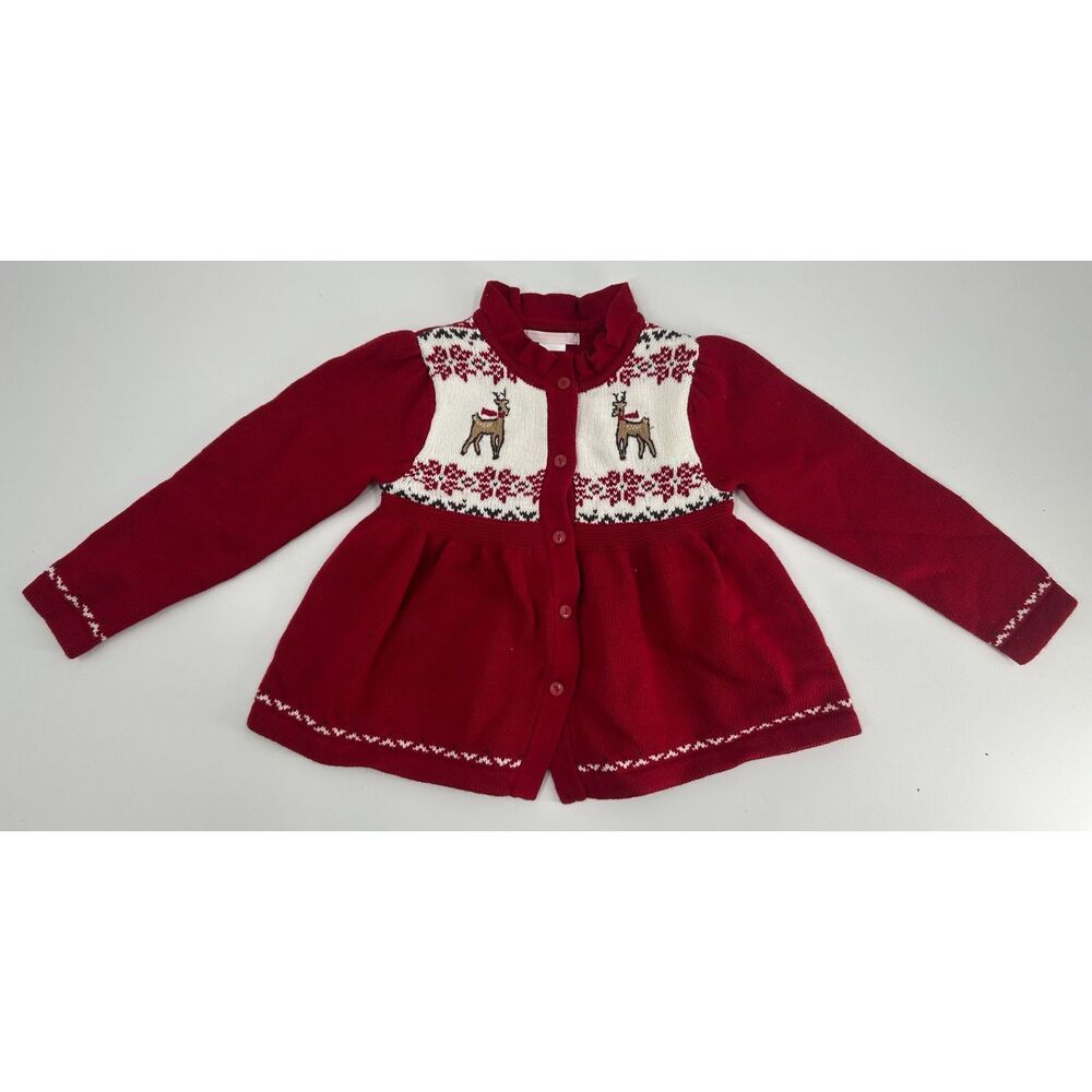 Janie and Jack Girls Size 4 Red Reindeer Fair Isle Sweater Cardigan Christmas